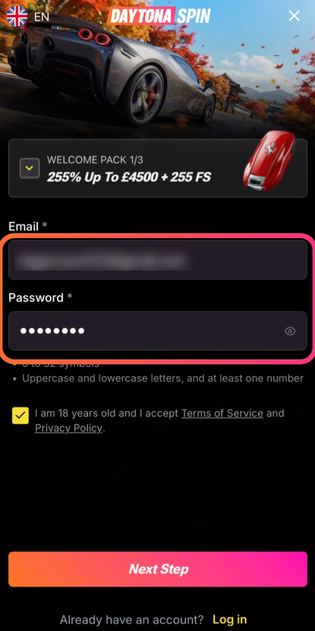 Set a secure username and password for your new Daytona Spin account.