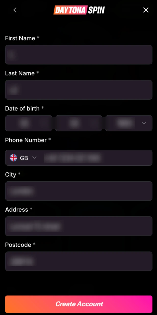 Provide your full name, email, and UK address on the Daytona Spin registration form.