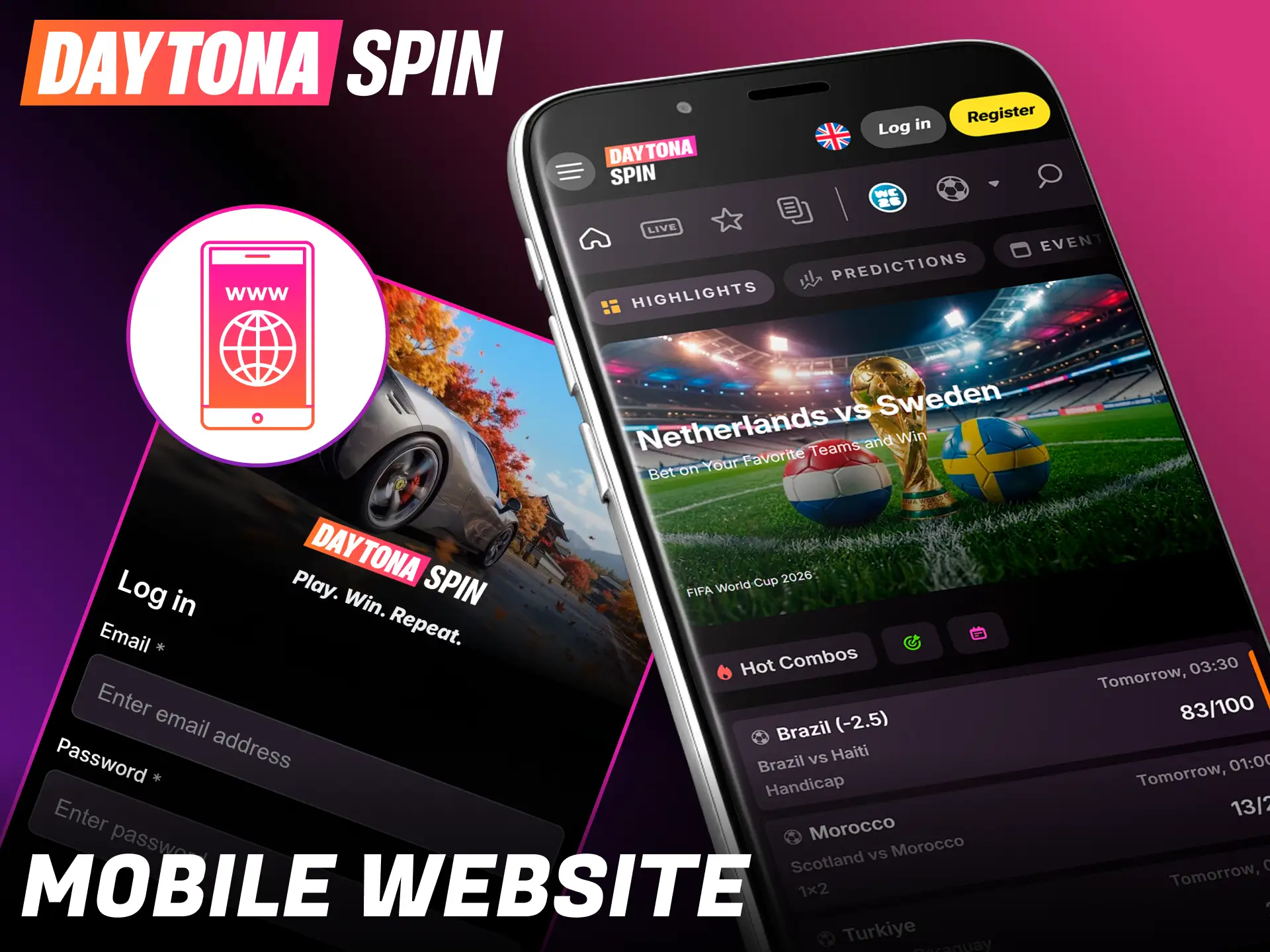 Open the optimized smartphone browser version to play at Daytona Spin.